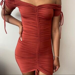 Oh Polly Burnt Orange Ruched Off-Shoulder Mini Dress